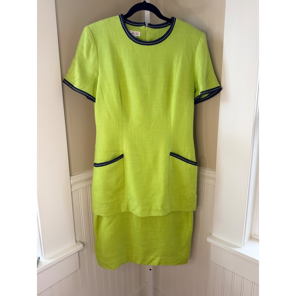 Vintage Talbots Chartreuse Lime Mod Drop Waist Dress Navy Trim Size 10 USA